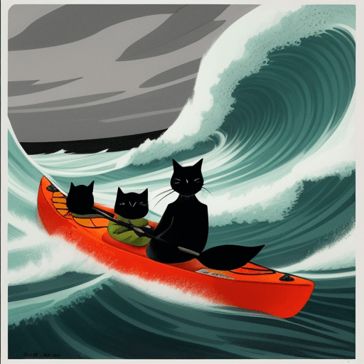 AI generated: Tove Jansson color style illustration : : black cat in the kayak in the storm, big waves around : : ...