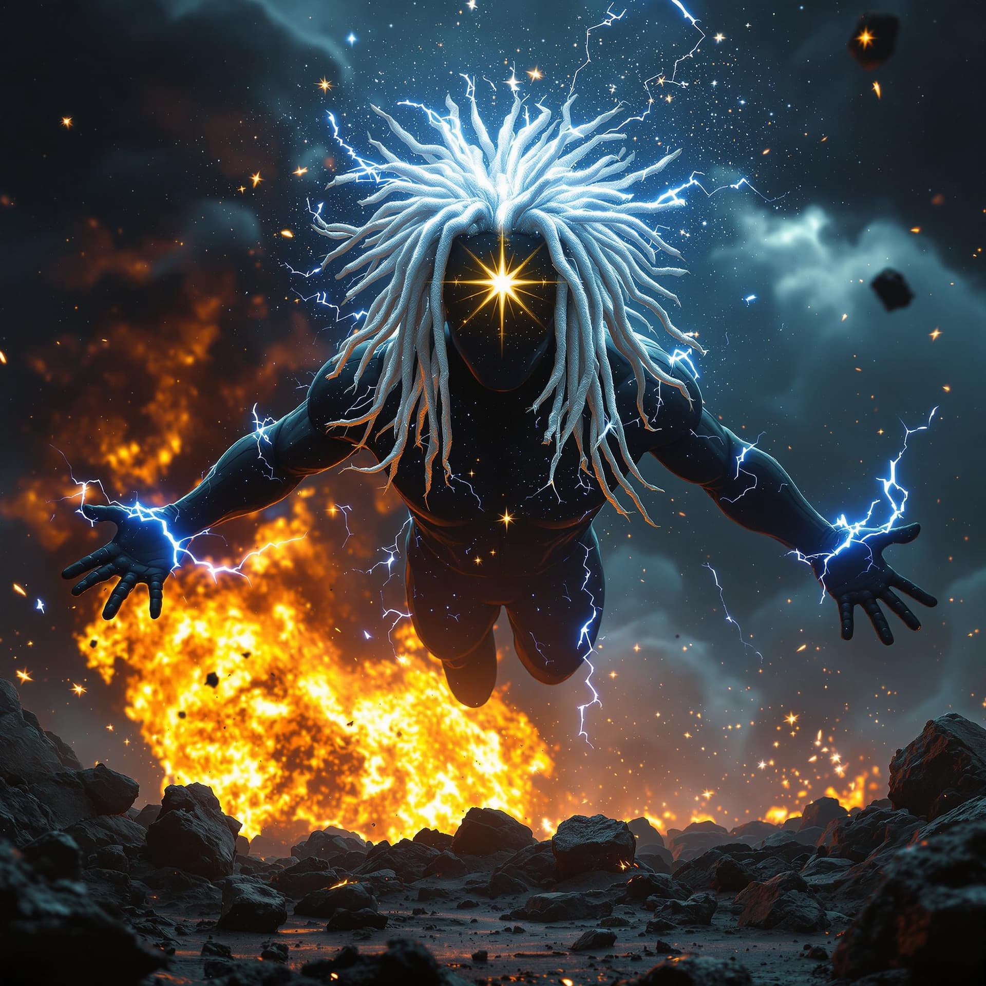 AI generated: front view of a PHOTOrealistic african american superHERO with white glowing short dreadlocks, his b...