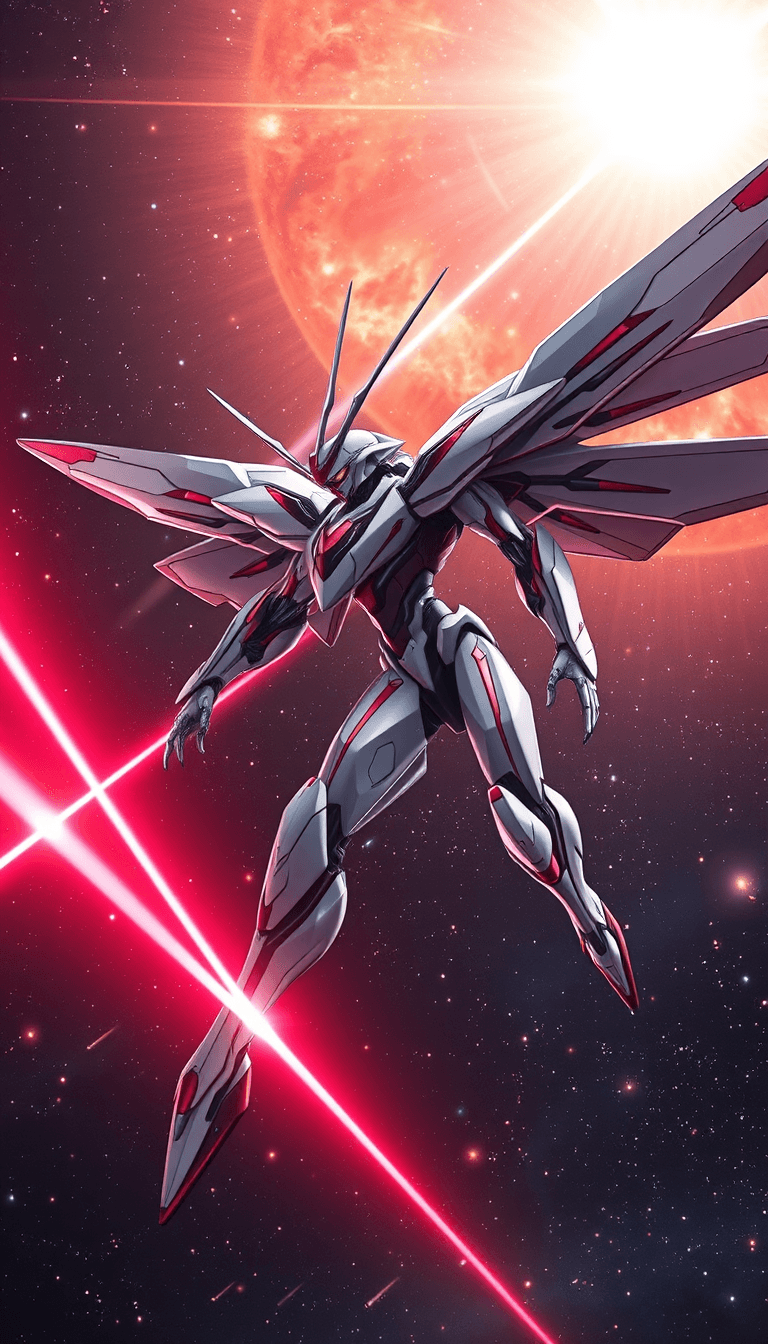 AI generated: streamlined Sci-fi mech, slender figure in a fighting stance, glossy white red max detailed insectoi...