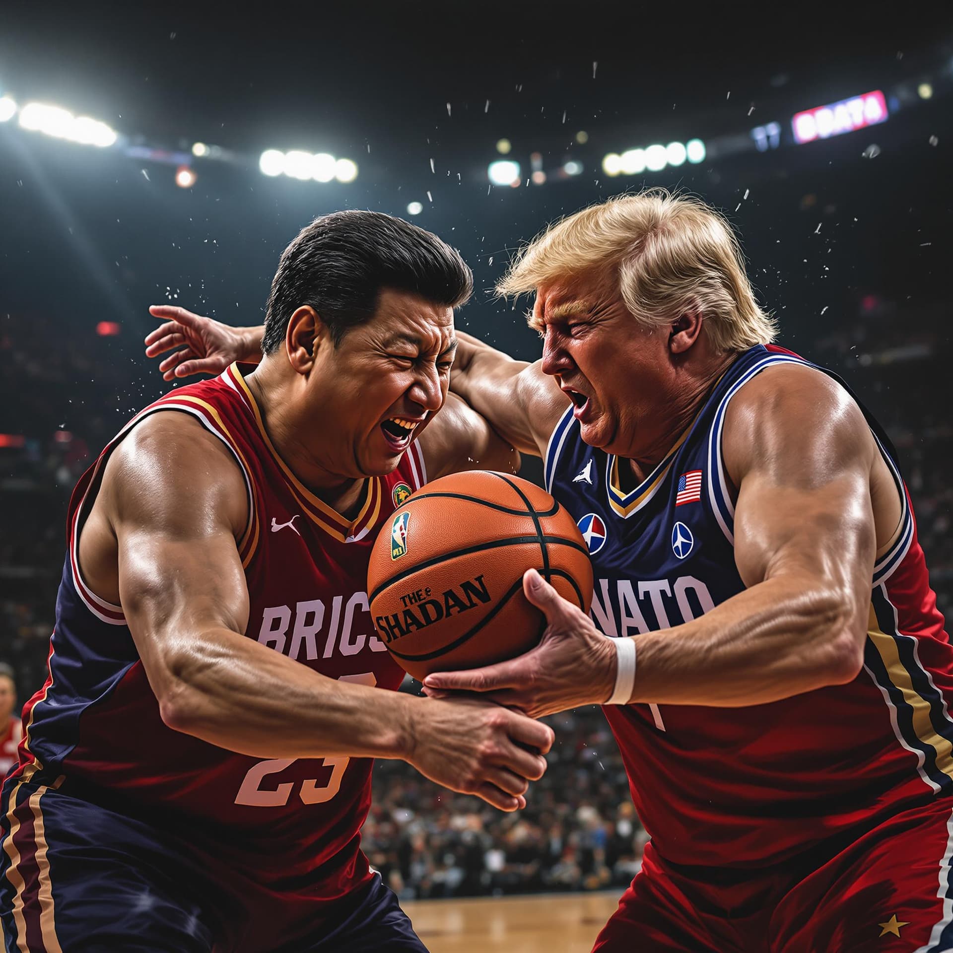 AI generated: Xi Jinping and Donald Trump, mid-game basketball fight over a contested basketball, Xi Jinping weari...