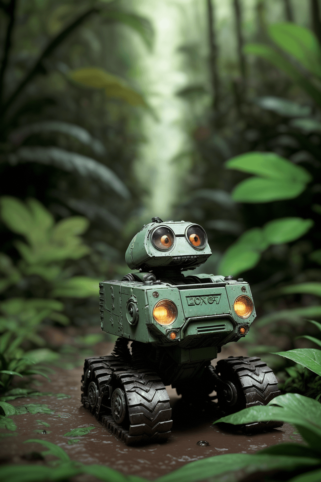 AI generated: dramatic light 50mm film photography, deep muddy rainy jungles of ecuador, small cute mechanical rob...