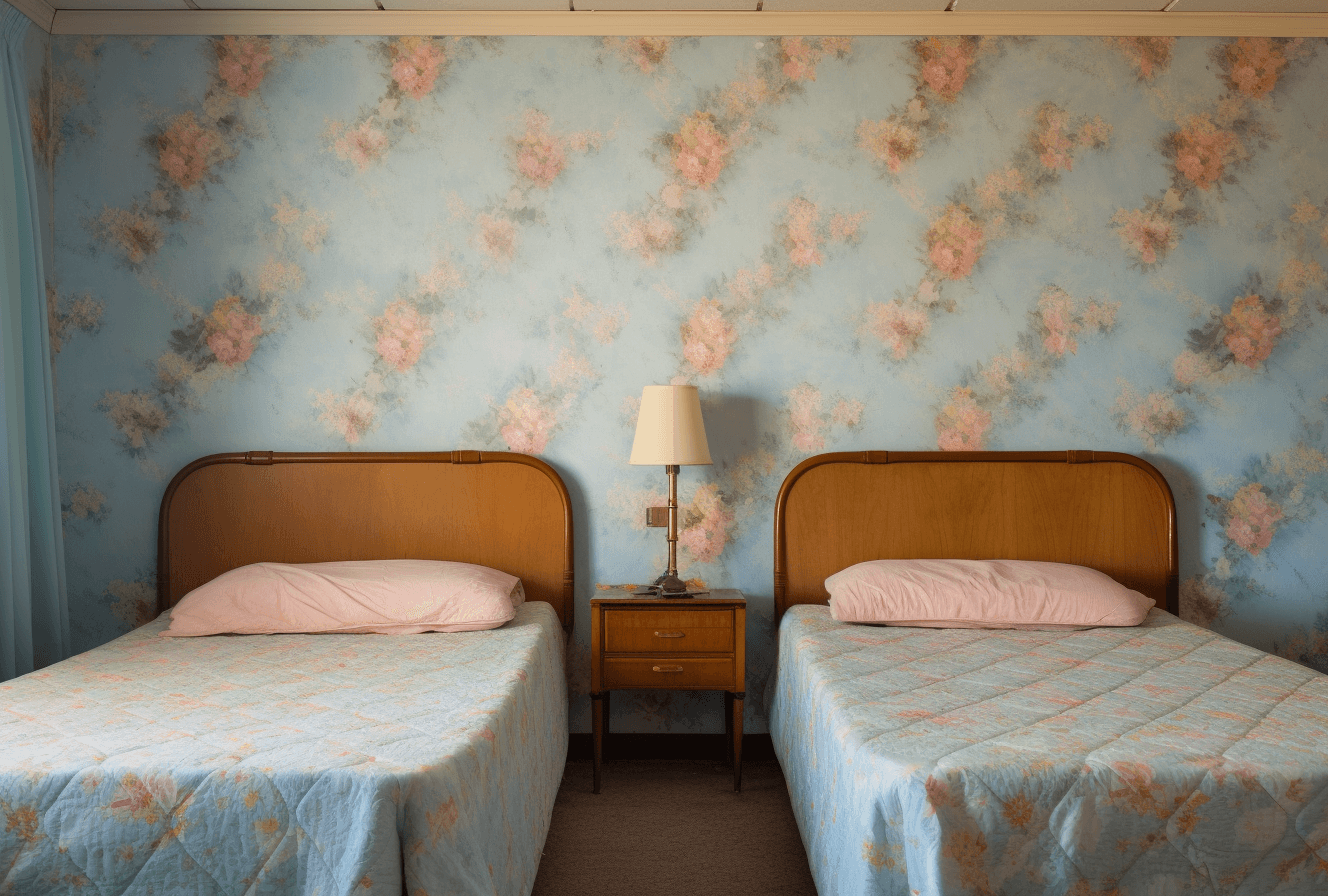 AI generated: A photo of an old pink and blue floral wallpaper from the 1970s, with two beds covered in the style ...
