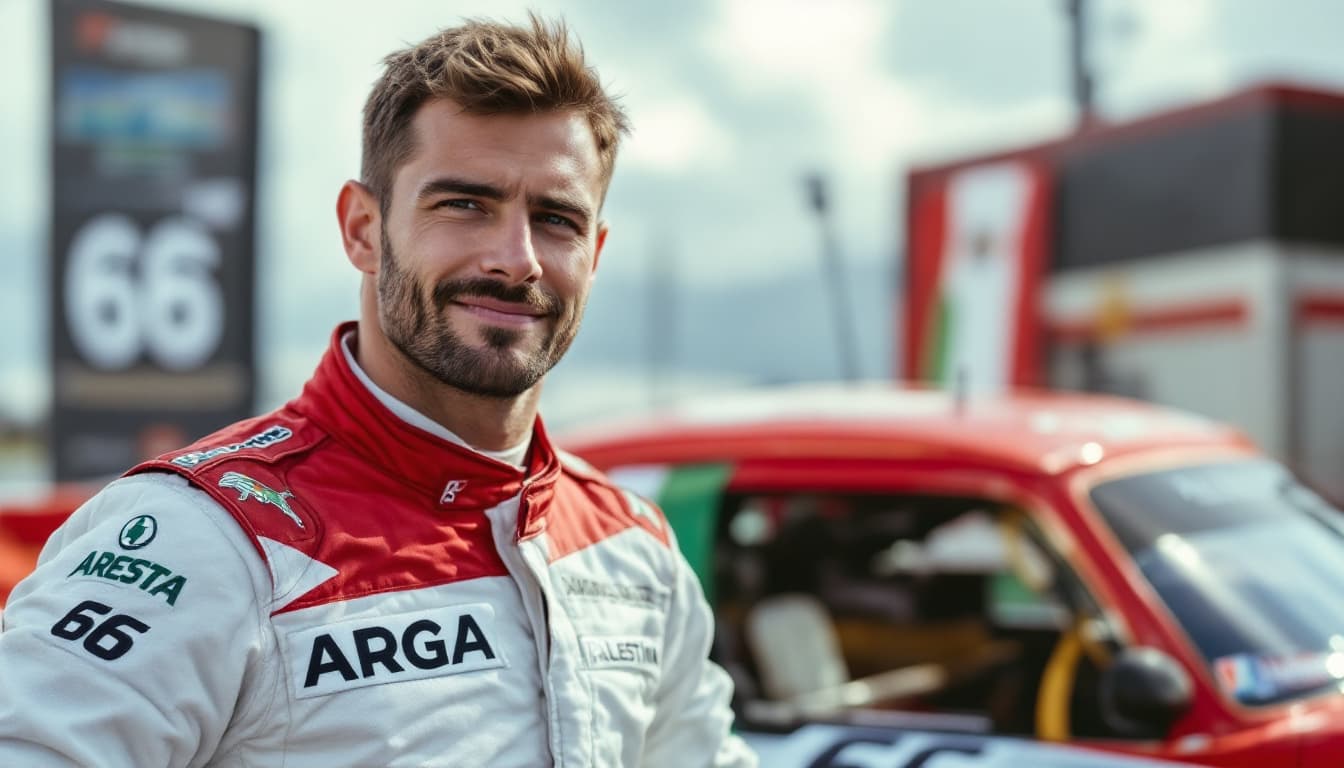 AI generated:  A handsome racer standing in front of his racing car, with name "Arga" on the car's window, his car...