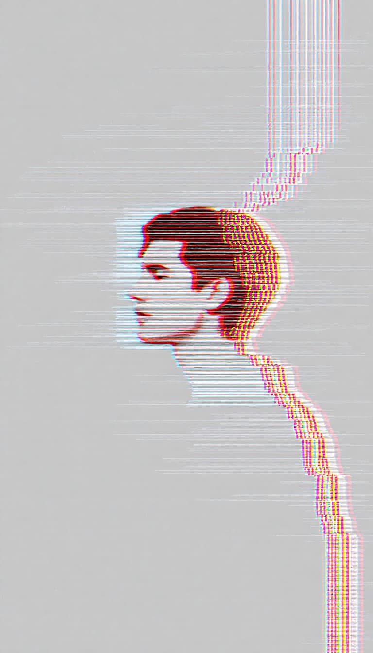 AI generated: glitch art with linear distortion, horizontal scan lines and digital interference, vertical portrait...