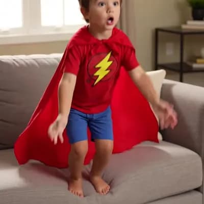AI generated video: **"Toddler in superhero cape attempts to fly off couch, mid-jump realizes mistake, lands perfectly i...