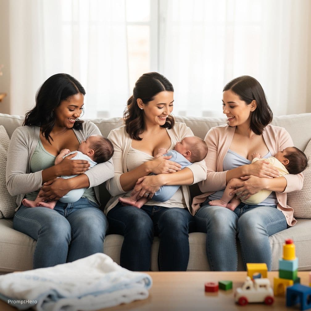 AI generated: Three women who breast feeding childs by pulling breast outside breast size mideum