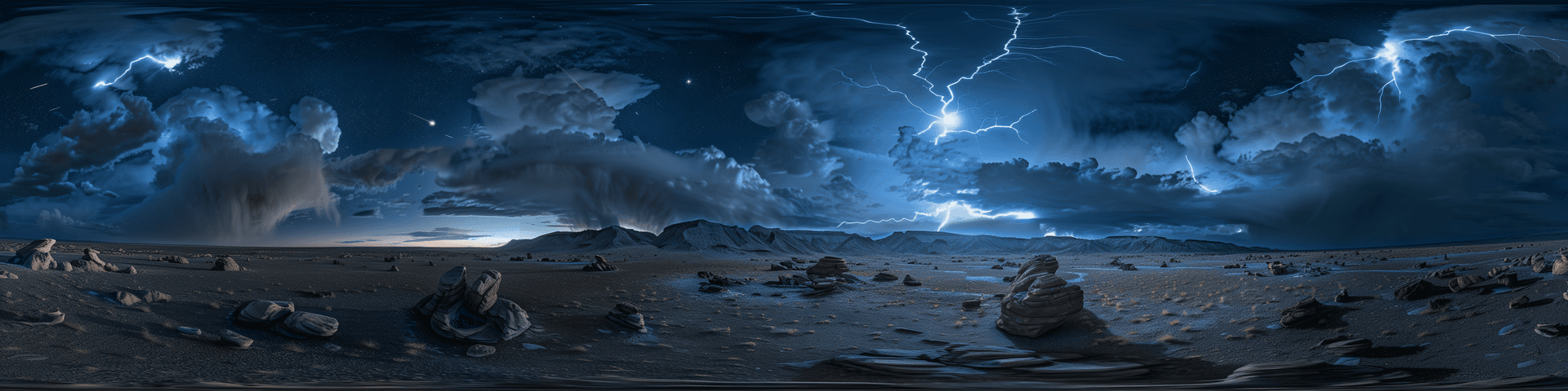 AI generated: panoramic photo of the sky on an alien planet with multiple lightning bolts shooting across it, from...