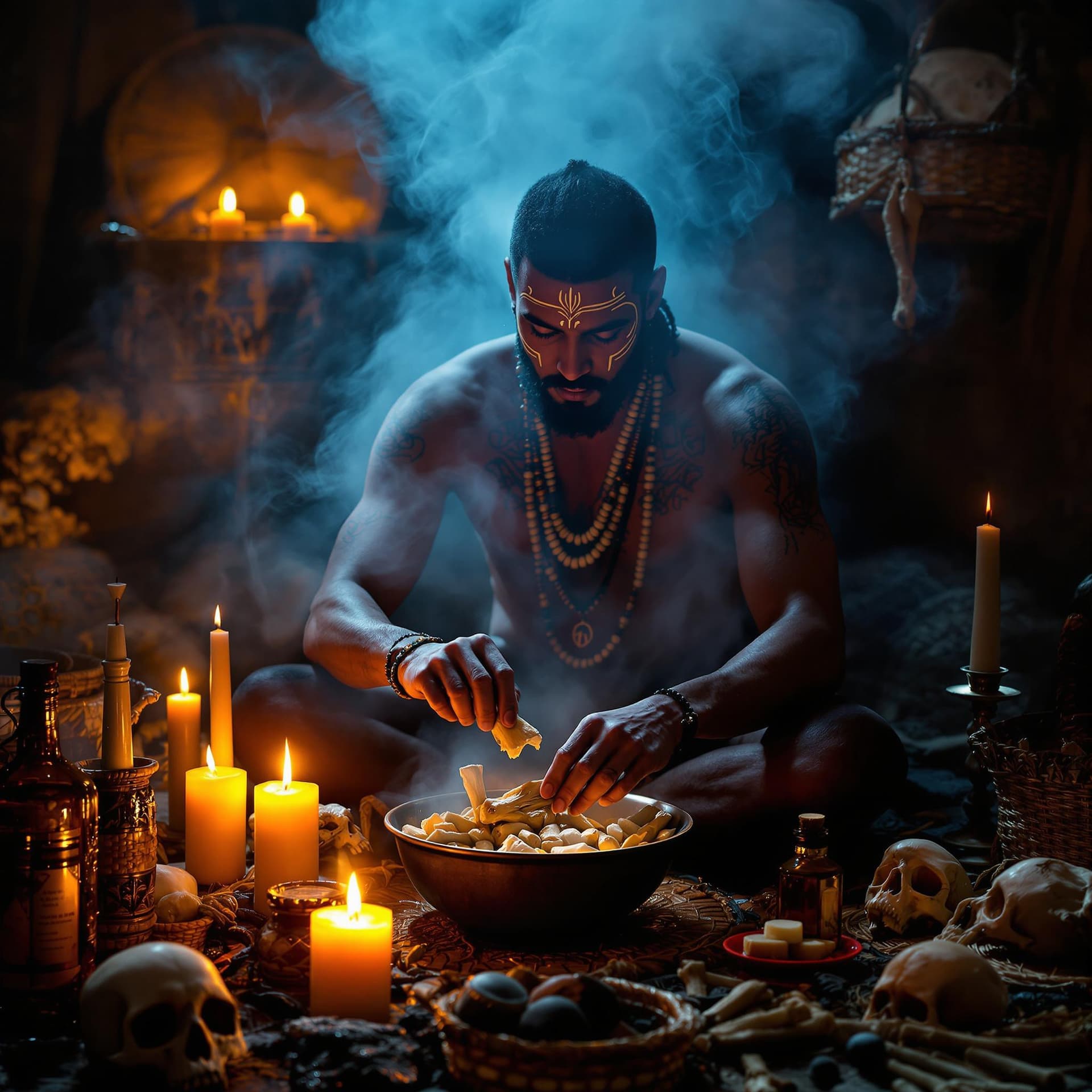 AI generated: The image portrays a man engaged in a ceremonial or ritualistic activity, surrounded by an array of ...