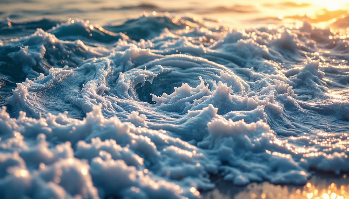 AI generated: sea scape and giant ocean waves with sea foam, waves are forming ,multiple tea roses shaped bouquets...