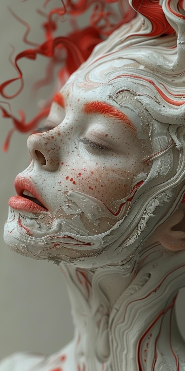 AI generated: a woman made out of plaster, in the style of Salvador Dali, white and red, detailed facial features,...