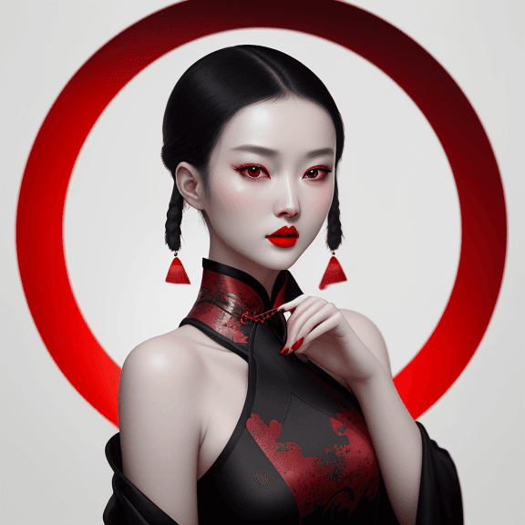 AI generated: ultra-realistic a beautiful Chinese photographer Zhang Jingna, wearing a black dress and red lipstic...