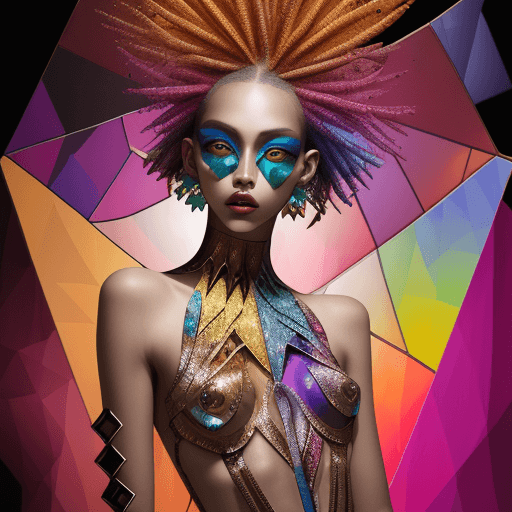 AI generated: Light skin model wearing Kaleidoscopic apparel, triadic palette, bronze textures, fragmented eleganc...