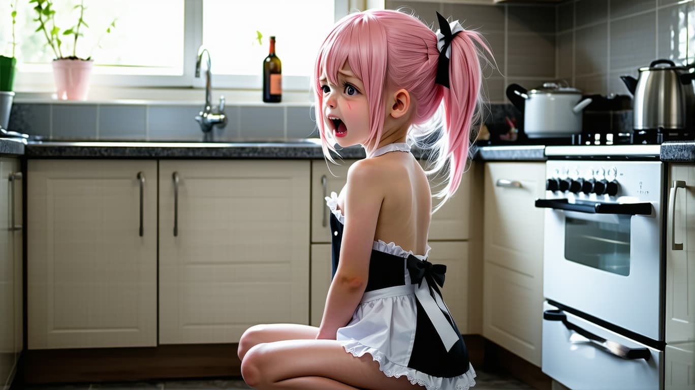 AI generated: (small girl),inside the kitchen, kneeling, ponytail, pink hair, ((frenchmaid clothes)), (topless), h...