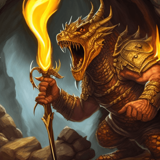 AI generated: A dungeons and dragons fire gold dragonborn holding a glaive outside a cave and spitting fire