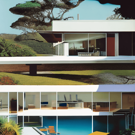 AI generated: Hyper realistic eye level exterior photo of a mid century modern style house overlooking the ocean, ...