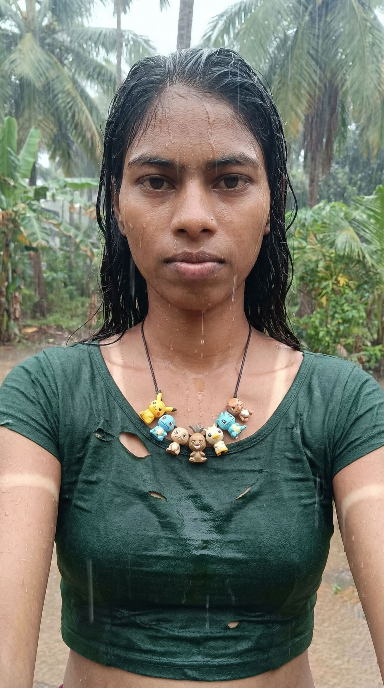 AI generated: Generate a rainy photograph of an 21 year old cute Papuan New Guinean indigenuous female with many t...
