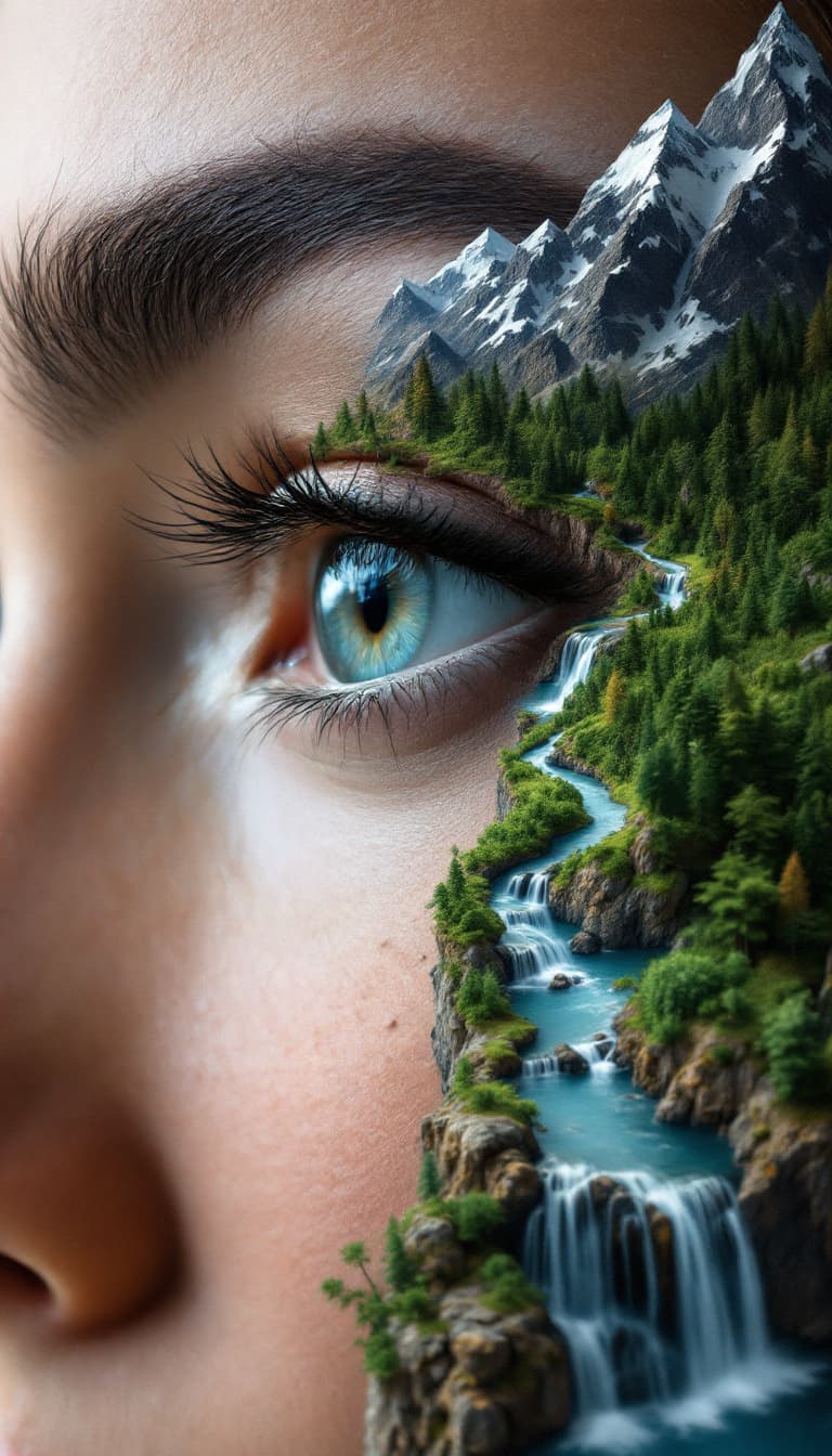 AI generated: A surreal, extreme close-up of a woman's eyebrow, transforming into a winding mountain range with ti...