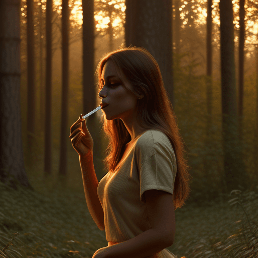 AI generated: Beautiful Girl smoking cigarette in woods, photo realistic, ultra detail, sun set, warm lighting, fu...
