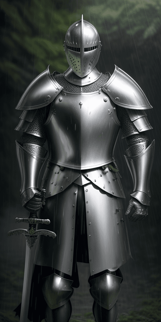 AI generated: real life portrait photo of a knight wearing shiny silver armor while holding a sword, the knight is...