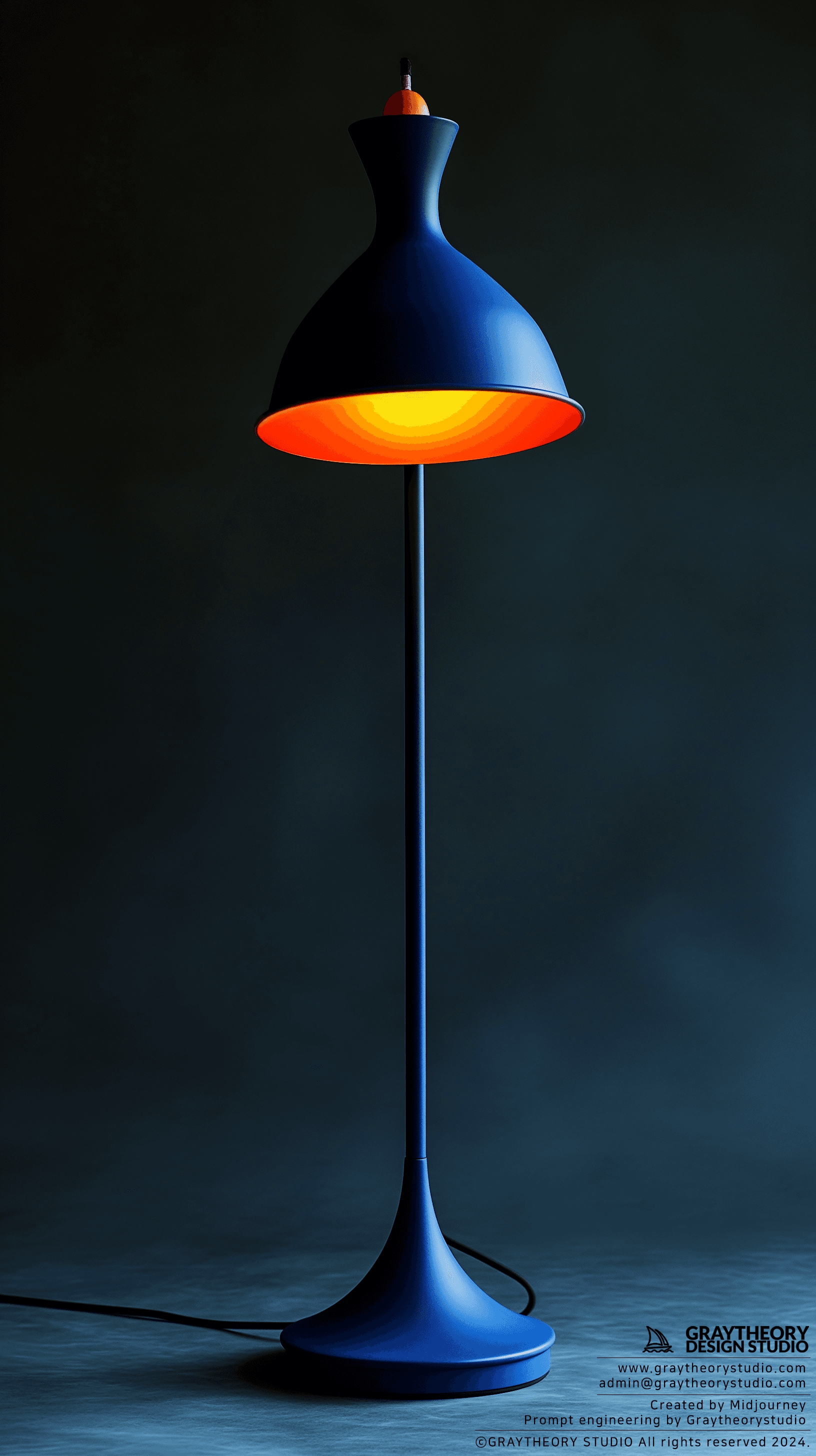 AI generated: AJ Floor Lamp, grey studio setting, Nikon Z7 II, 85mm f/1.8 lens, lamp's elegant lines and matte blu...