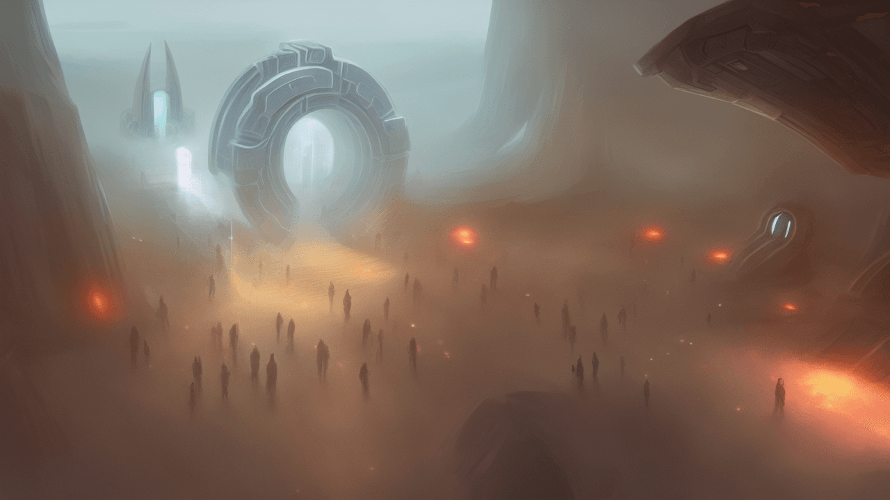 AI generated: concept art, scifi, teleport gate, portal to another dimension, crowd