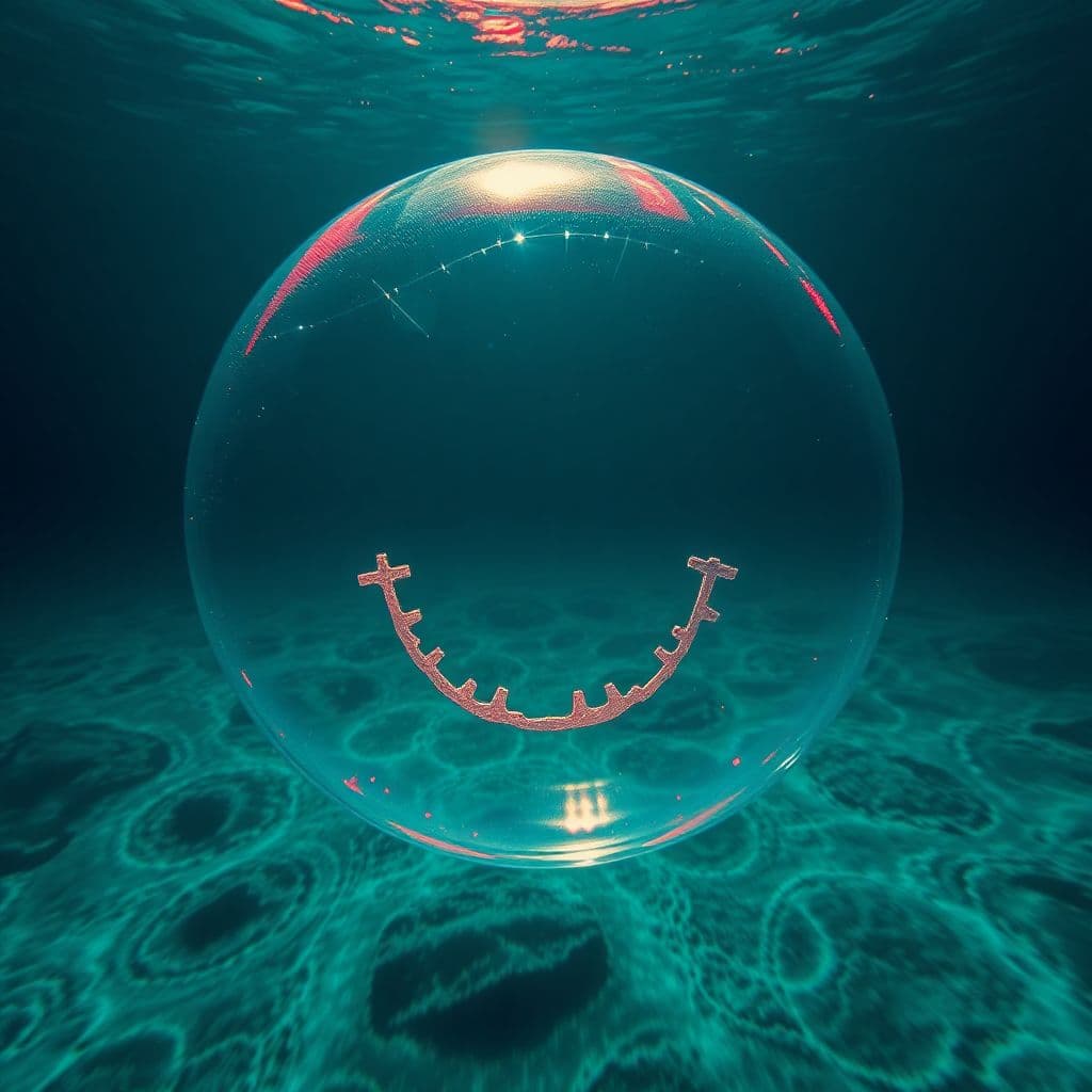 AI generated: abyssopelagic heretic, sinister sly smile bubble escapade, doomed user, glitch art in oceanic 3d tec...