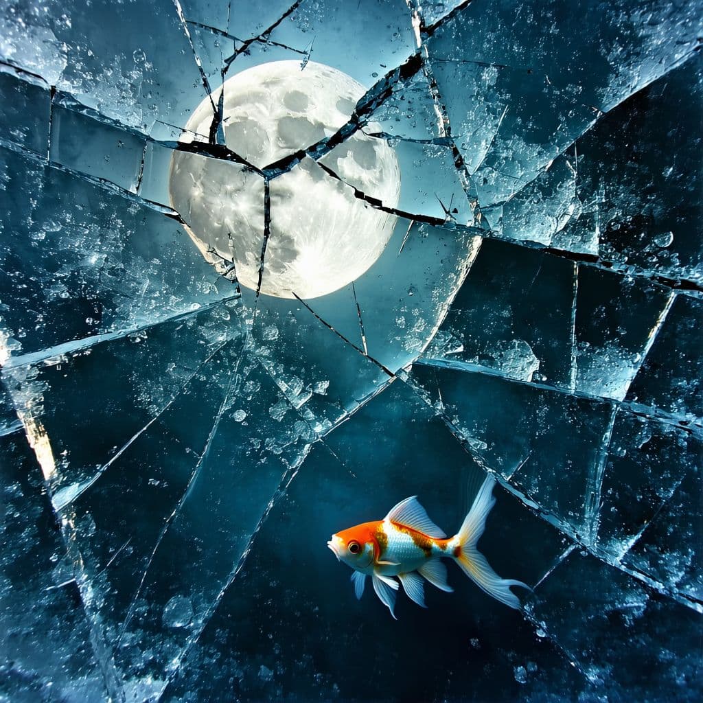 AI generated: top-down view, highly surreal, hyperrealistic, moody winter night, fractured glassy ice surface with...