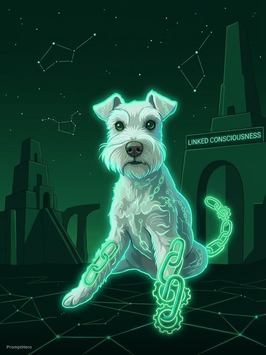 AI generated: A painting of glowing link legs and tail, a white dog floating in the dark sky, a dark green color s...