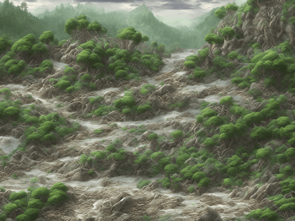 AI generated: storm, typhon, rock fill river, litter, natural disaster in forest, flood landslide, no human charac...
