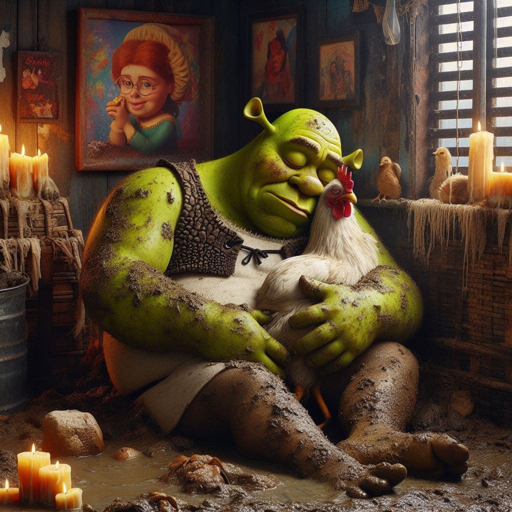 AI generated: Shrek sleeping hugging a chicken in his filthy muddy room with pictures of funny Shrek and candles, ...