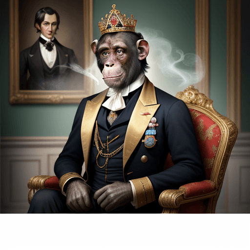 AI generated: portrait of a chimpanzee in high resolution, from shoulders up, with a classic nobleman's suit from ...