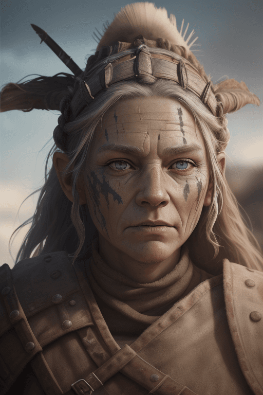 AI generated: a strong viking female warrior, wrinkled face, bright brown eyes,  perfect eyes, weathered skin, hig...