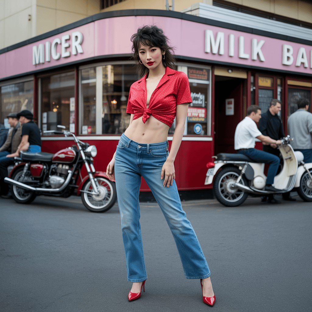 AI generated: a stunning japanese model wearing tigh jeans showing her toned legs she has high heels that are red ...
