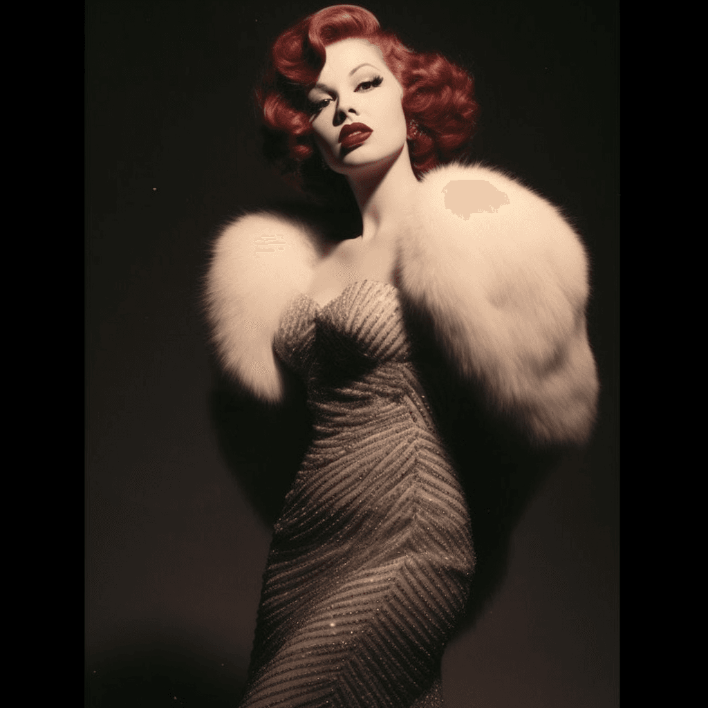 AI generated: Una señorita burlesque vintage con cabello color rojo cereza con labios rojos re femenina que me ins...