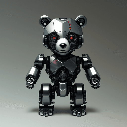 AI generated: create a cute toy bear, sharp focus, cyborg, made with mechanical parts, mechanical body, shiny day