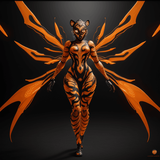 AI generated: rearview of a lovely ebony, full body, atletic, wearing intricate orange and gold translucent tiger ...