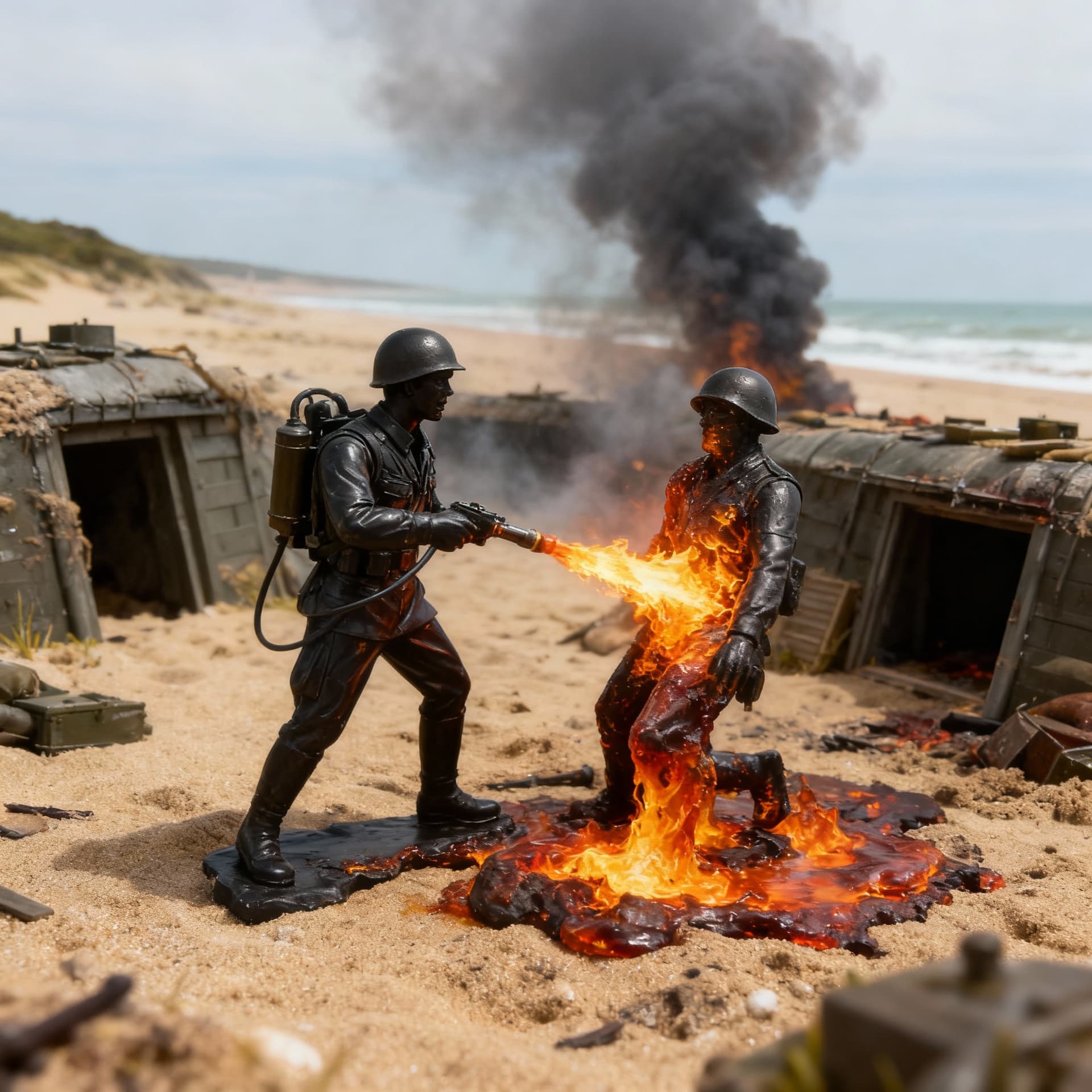AI generated: A toy soldier melts another with a flamethrower.

