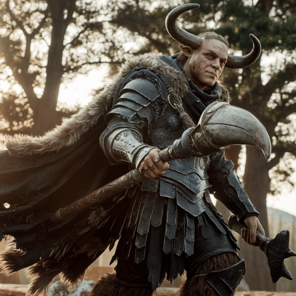 AI generated: A minotaur warrior, his face with humanoid features, clad in battered black armor. His fur-lined clo...