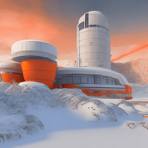 AI generated: Sci-Fi research facility set in snowy environment, Accented in orange and white, hyper realistic, co...