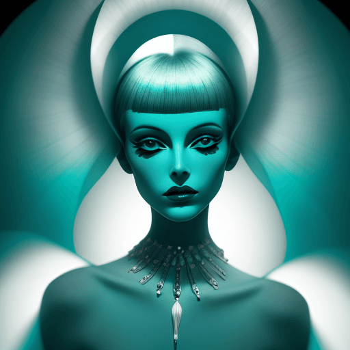 AI generated: fashion close up of a model inspired by Lillian Bassman, ((cyan)) dimensional light, fully symmetric...