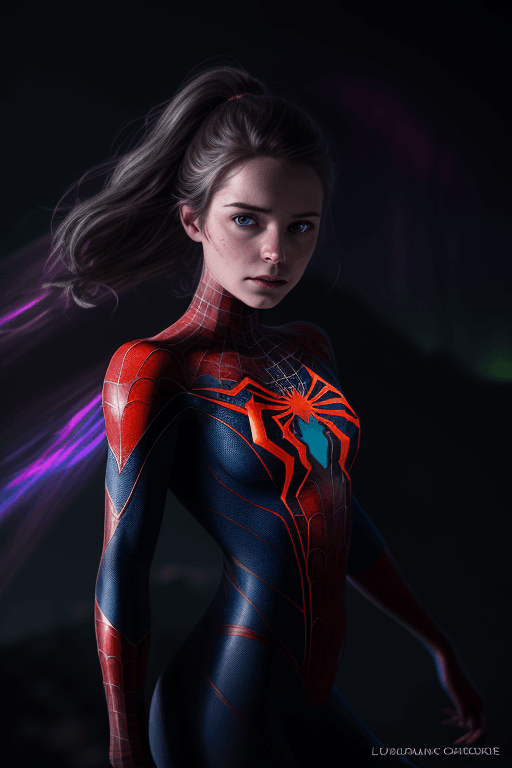AI generated: A stunning portrait of a female spiderman descending, aurora borealis in the background, centered| i...