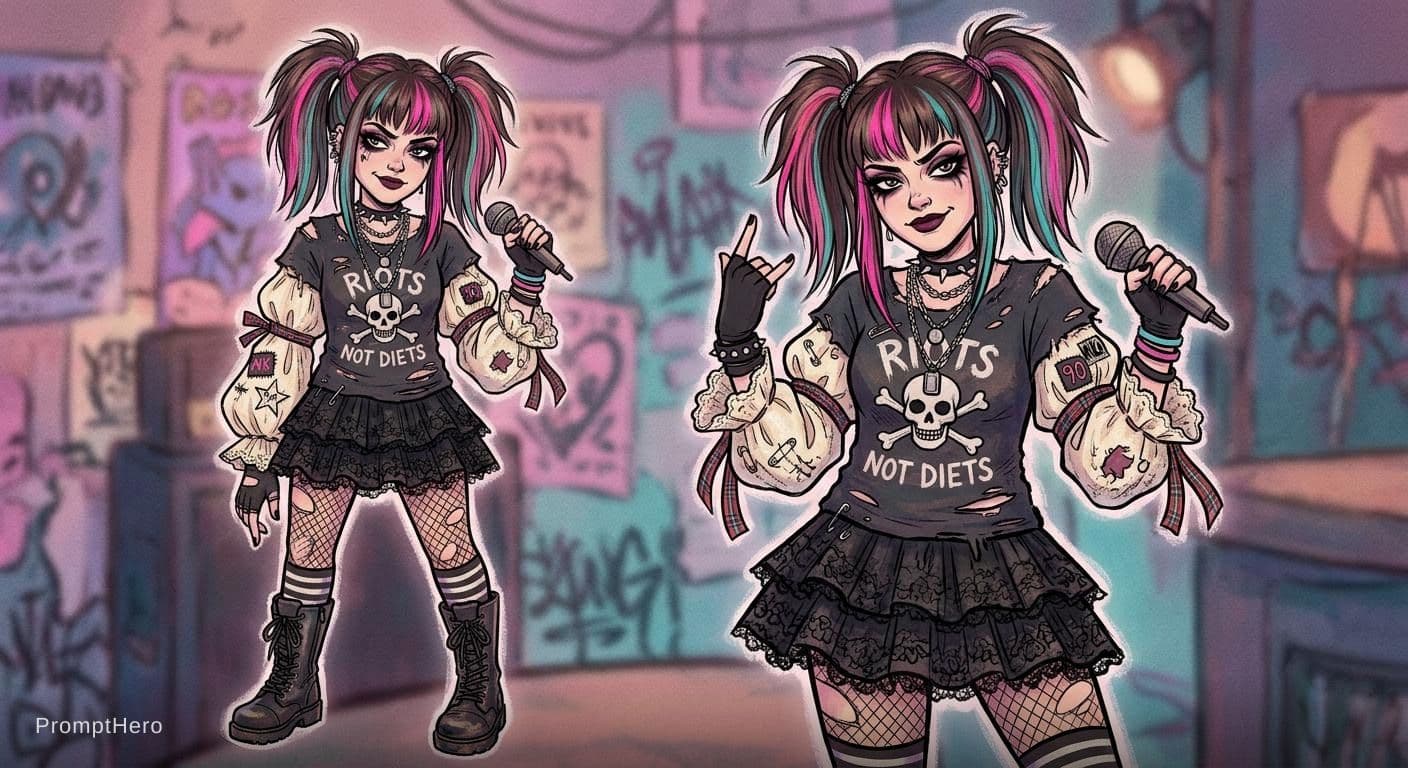 AI generated: A 90's picture of a rebellious rocker girl with a touch of punk. She has medium-length, straight hai...