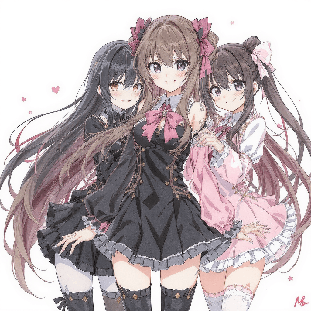 AI generated: multiple girls. jirai kei, gyaru, wearing black, wearing pink, wearing white. <lora:XHSCrazyGirlDesi...