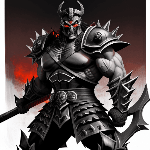 AI generated: Illustration in manga style of a Shao Kahn, the fearsome emperor of Outworld, leading his macabre an...