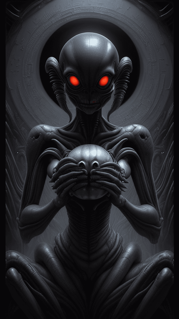 AI generated: "Captivating Xenomorph RFKTR-style headshot club card, a masterwork by H.R. Giger, invoking a profou...