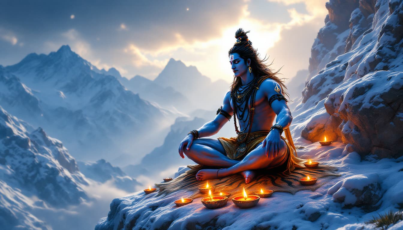 AI generated: "Create a cinematic portrayal where Shiva materializes atop a snow-capped Himalayan outcrop, seated ...