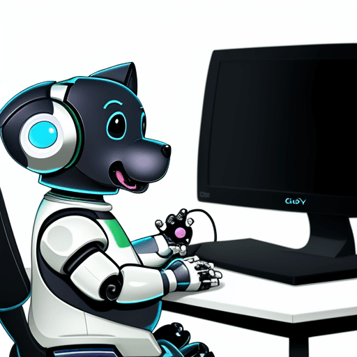 AI generated: cute chubbby robotic cartoon dog playing a video game on a computer while sitting at the computer de...