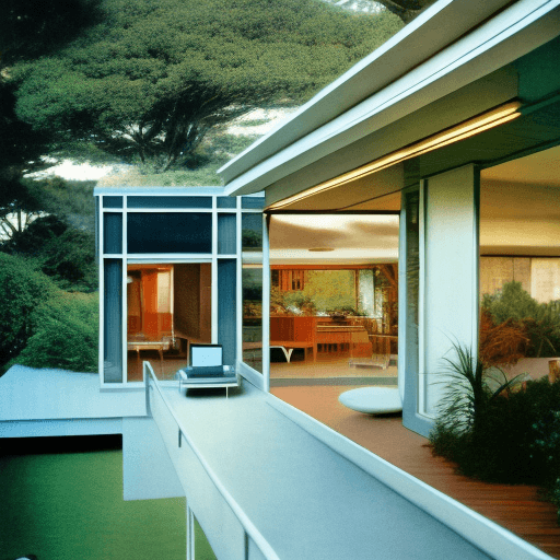 AI generated: Hyper realistic eye level exterior photo of a mid century modern style house overlooking the ocean, ...