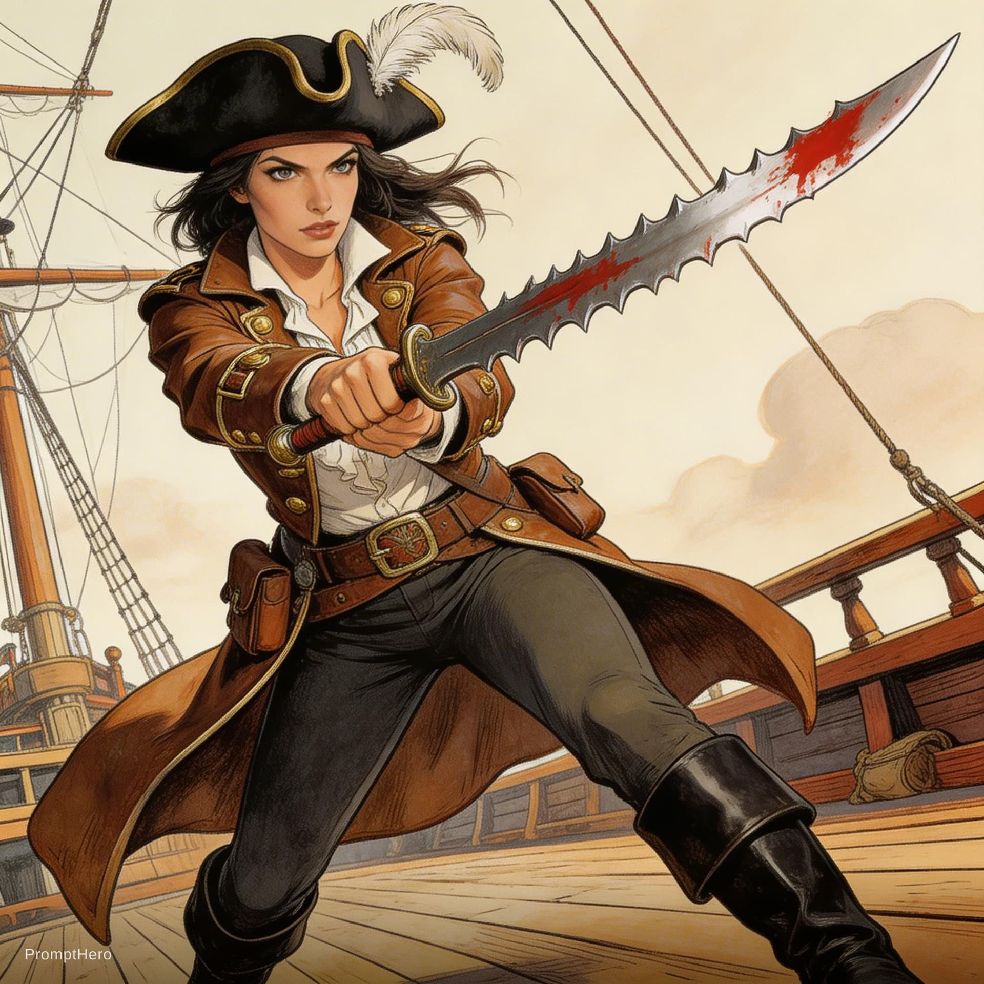 AI generated: Comic book cover illustration, full body shot 3/4 low-angle view of a young beautiful female pirate ...