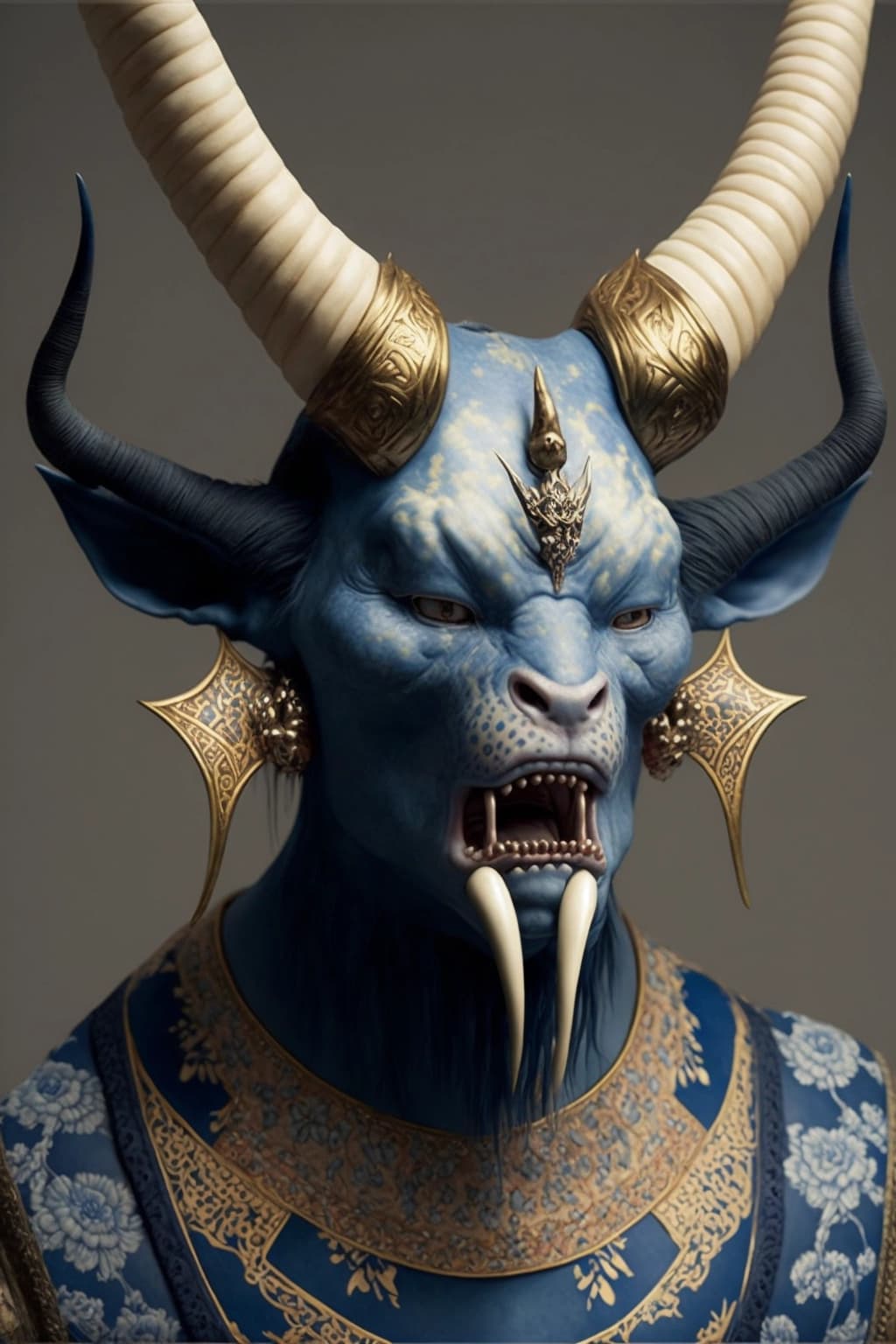 AI generated: fantastic half body golem, angry, teeth, small eyes, deer horns, small round ears, shark mouth, gold...